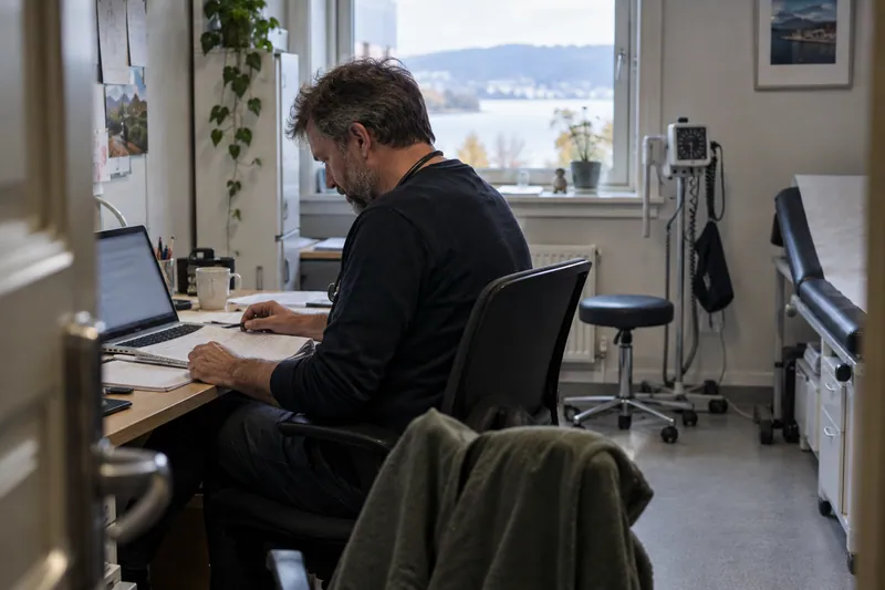 Lege som gjennomgår papirer ved skrivebordet på legekontoret.
