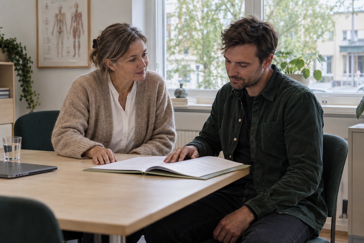 AI-illustrasjon: to personer går gjennom dokumenter ved et møtebord.